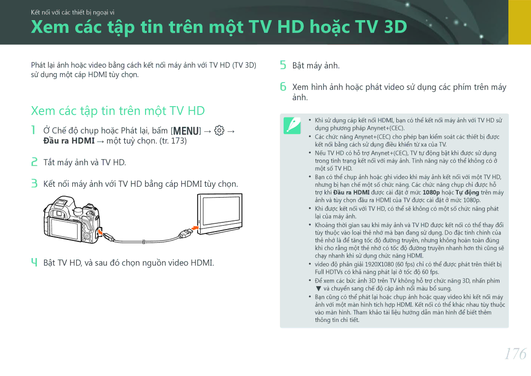 Samsung EV-NX30ZZBGBVN manual Xem các tập tin trên một TV HD hoặc TV 3D, 176, Xem các tập tin trên một TV HD, Ảnh 